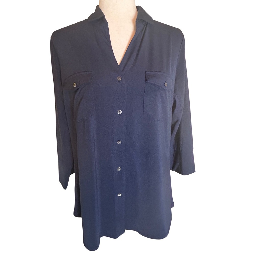 J.McLaughlin Brynn Top Women XL Winter Navy Solid Button Front 3/4 Sleeve